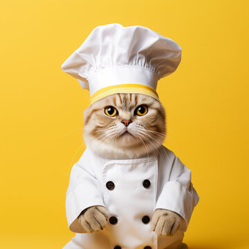 Cat dressed as a chef on a yellow background.