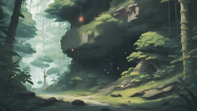 Fantasy jungle forest with trees and cave. Cartoon or Japanese anime illustration painting style. seamless looping 4K virtual video animation background
