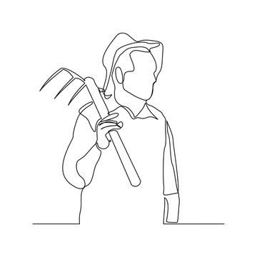 recommend clip art: Continuous single line sketch drawing of farmer man worker holding fork farming tool. One line art of occupation professional worker vector illustration