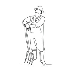Continuous single line sketch drawing of farmer man worker holding fork farming tool. One line art of occupation professional worker vector illustration