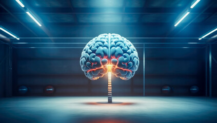 Human brain with blue glowing lighting neon power in the laboratory background. Lab experiment and memory and mind training brainstorming and mindset education concept. - obrazy, fototapety, plakaty