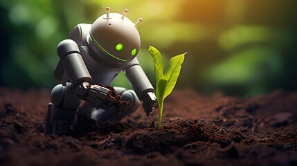 High-Tech Android Planting New Life, Technology, Future, Innovation, Nature