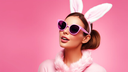 Woman wearing bunnyears headband and glasses on isolated pink background - ai generative - obrazy, fototapety, plakaty