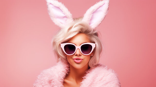 Woman wearing bunnyears headband and glasses on isolated pink background - ai generative