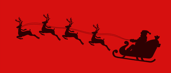Vector Christmas black and red illustration with Santa Claus riding his sleigh pulled by reindeer silhouette.