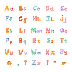 Cute funky 3d alphabet set with memphis decoration. Patterned bold font with shadow. Funny latin ABC with uppercase and lowercase letters, punctuation marks for book cover, logotype, festival headline