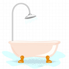 Naklejka premium Pink Bathtub with foam bubbles inside and bath yellow rubber duck isolated on blue background. Bath time in flat style vector illustration