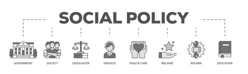 Social policy infographic icon flow process which consists of education, reform, services, welfare, health care ,legislation, society, government icon live stroke and easy to edit 