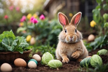 Easter Bunny in the Garden eating cabbage. AI generated