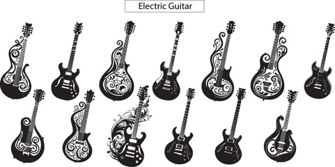 illustration of a set of instruments. Electric Guitar silhouette set - obrazy, fototapety, plakaty