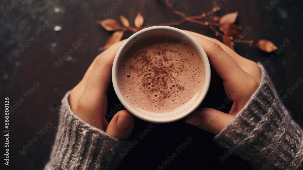 Wall mural Female hands holding a cup of hot chocolate on a wooden background.