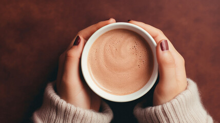 Female hands hold a cup of hot chocolate on a brown background. - obrazy, fototapety, plakaty
