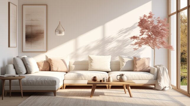 Interior of stylish living room in luxury cottage. White walls with posters, comfortable sofa with cushions, wooden coffee table, indoor plants, panoramic windows overlooking forest.