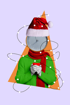 Postcard image collage of incognito character in santa hat clock instead face hold hot tea wait new year midnight drawing doodle