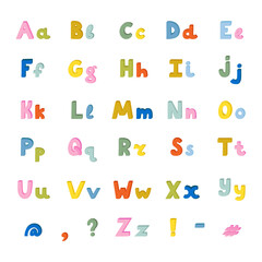 Cute funky 3d alphabet set with volume. Big collection of bold font with shadow. Funny latin ABC with uppercase and lowercase letters, punctuation marks for book cover, logotype, festival headline.