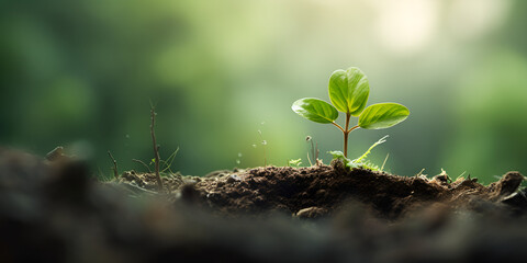 Young tree growing in garden with sunrise eco concept earth day, Eco earth day concept. tree growing in nature with morning light, Small seedling of a young plant on the ground, GENERATIVE AI

