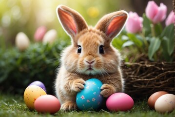 Fototapeta na wymiar Happy Easter bunny with many colorful Easter egg. AI generated