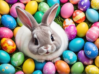 Fototapeta na wymiar Happy Easter bunny with many colorful Easter egg. AI generated