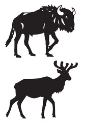 Graphical silhouette of deer and bull on white background,vector illustration