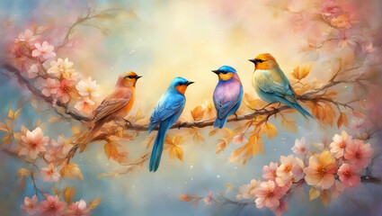 Four colorful birds on a tree branch surrounded by pink flowers.	