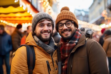 Two young men at the Christmas market, Christmas atmosphere with lights in the background