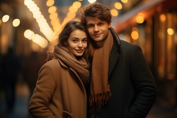 Two young couples at the Christmas market, Christmas atmosphere with lights in the background