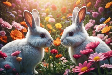 Two bunny kiss in flowers, Easter concept, AI generated