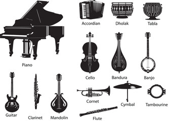 set of musical instruments with names 
