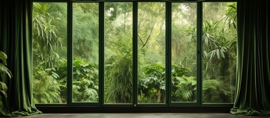 View of a tree through a window curtain surrounded by green