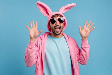 Funky positive man dressed pink rabbit, AI generated - obrazy, fototapety, plakaty