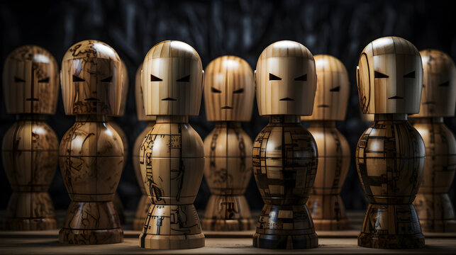 wood figurine of a man stands aside from the crowd of people. Asociality, sociopathy. Rejected from society, lonely. Development of leadership and social qualities. Infected, fear and misunderstanding