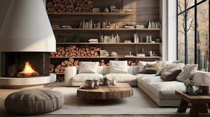 Interior of stylish spacious living room in luxury cottage. Comfortable sofa with cushions, rustic wooden coffee table, bookshelves, fireplace, panoramic windows overlooking forest.