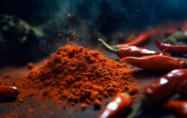  Red hot chilli with flakes and spice powder isolate on dark background