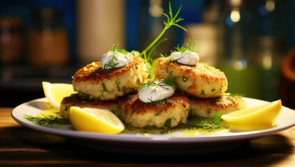 Fish cod potato cakes. Fish fritters with sauces and lemon wedges.