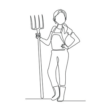recommend clip art: Continuous single line sketch drawing of farmer woman worker holding fork farming tool. One line art of occupation professional worker vector illustration