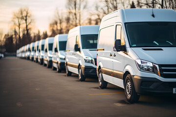 Vehicle dealership lot with white vans in a row, representing a transportation service company's commercial fleet, emphasizing delivery, trade-in, and customer service concept,
