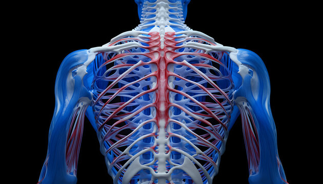back side lumbar human body spine.  illustration of a male skeleton anatomy - rib cage. 3D Illustration of sacral and cervical pain, 3D illustration of neck pain cervical spine skeleton, AI Generated 
