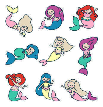 Little cute kawaii mermaid. Marine life cartoon character. Hand drawn style. Vector drawing. Collection of design elements.