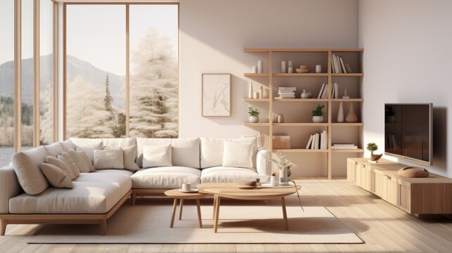 Interior of stylish living room in luxury cottage. White walls, comfortable upholstered furniture, flat TV, wooden coffee table, bookshelves and commode, panoramic window overlooking winter forest.