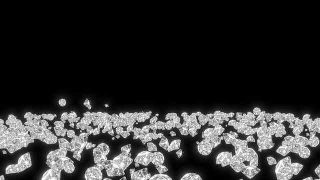 White Crystal Shiny White Diamonds Falling And Hit The Floor, Shiny Crystal Diamond Rain Falling Over Alpha Channel, Loop Animation Of Diamond Rain,Glowing Diamond Falling On Black Background. 