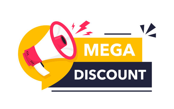 Banner announcing mega discount with price reduction. Mega discount label with limited time offer. Marketing deal sale tag giving super offer. Promo banner for retail or online shop discount. Vector