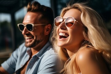 American happy couple man woman joyful laughter smiling trip walk feeling love romantic together married enjoying two people happiness family outside sunglasses relationship relax vacations amusement