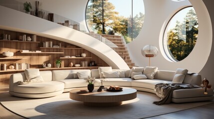 Interior of stylish living room in luxury villa with futuristic design. Comfortable sofa with cushions, round wooden coffee table, stairs to mezzanine, panoramic windows overlooking scenic landscape. - obrazy, fototapety, plakaty