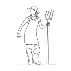 Continuous single line sketch drawing of farmer woman worker holding fork farming tool. One line art of occupation professional worker vector illustration