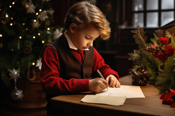 Cute little boy writing letter to Santa Claus in room decorated for Christmas.