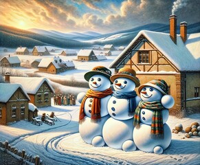 Snowman family in winter village at sunset. 3D illustration.