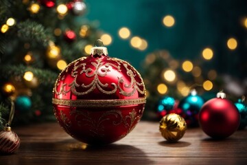 Closeup detail of a decorative Christmas ball with defocused lights background with a nice bokeh.