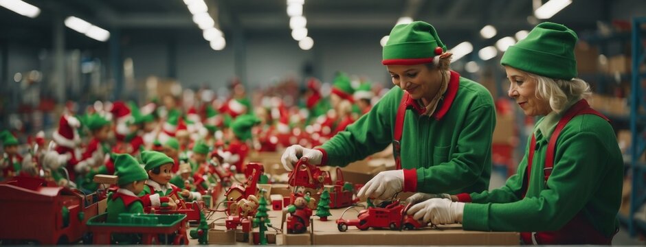 Santa Claus's workshop with elves working as if it were a factory, on toys and decorations. It is a charming and detailed representation of the magic of Christmas. Bokeh blur and Christmas spirit.
