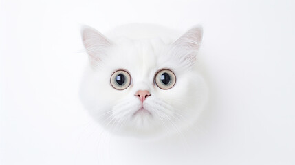 Top view portrait of a cat looking up on a white background.