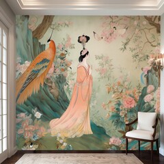 Chinese model in 3d living room design  Chinoiseries style wallpaper with classic drawing of tree flower and bird